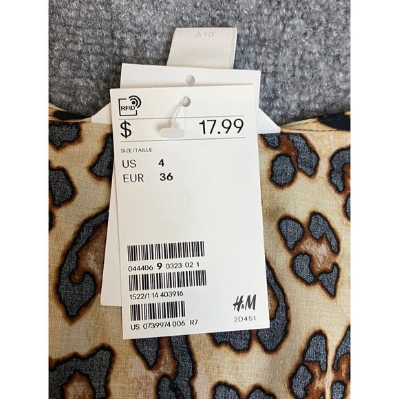 H&M Blouse Womens 4 Tan Black Leopard Long Sleeve Cross Tie Ruffle NEW Career‎ - Picture 5 of 10